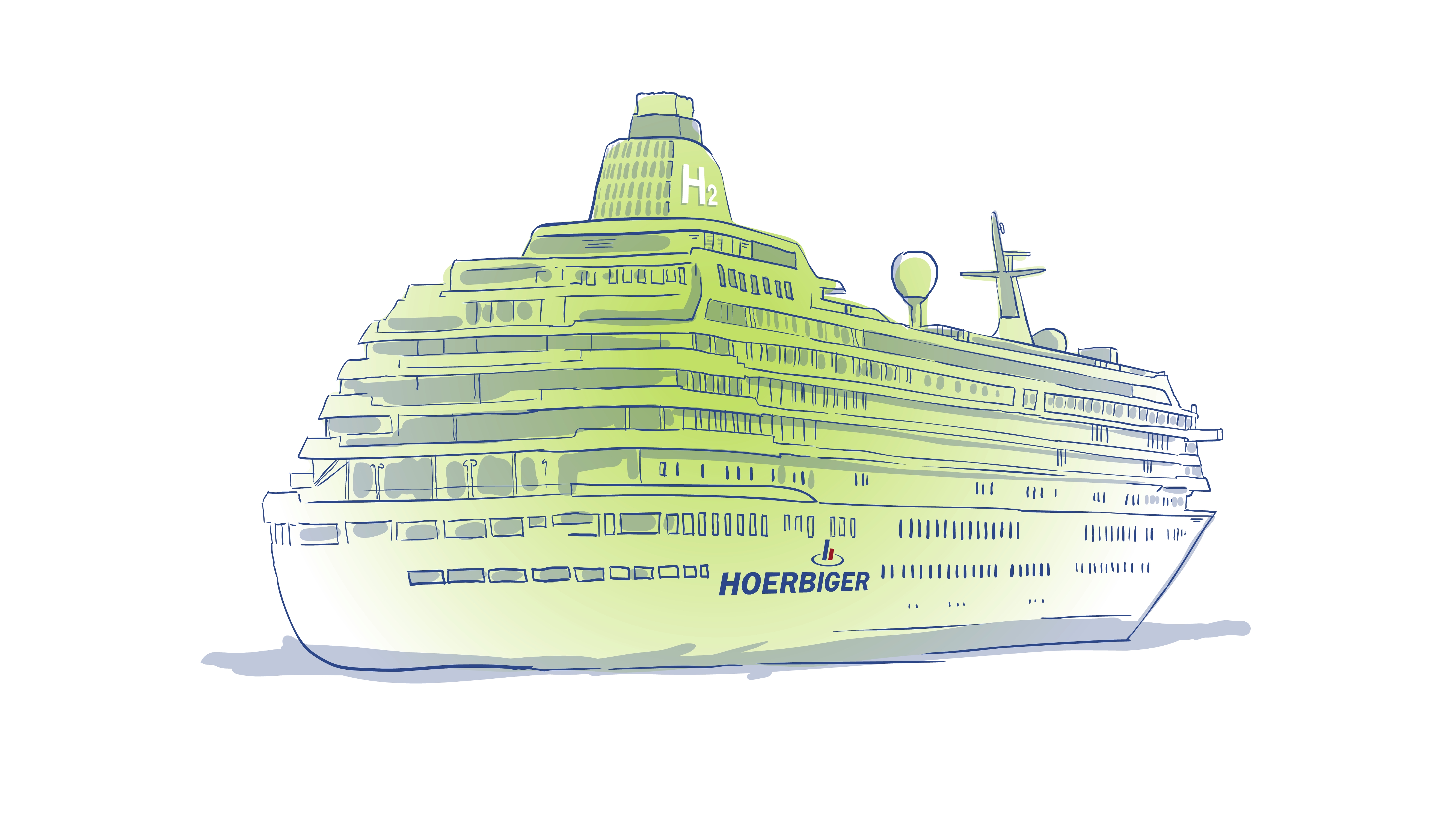 Skizze mit Kreuzfahrtschiff für Marine Wasserstoff Injektor H2 Skizze mit Kreuzfahrtschiff für Marine Wasserstoff Injektor H2