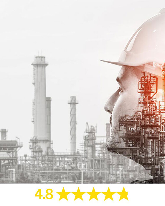 HOERBIGER Training Academy A transparent head of a mechanic looking at a refinery in the background